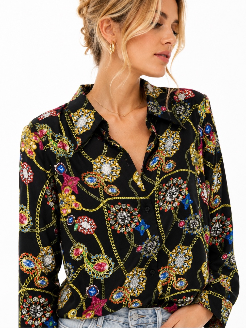 L’Agence Nina Silk Blouse Black Gold Gemstone Chain Print Size M